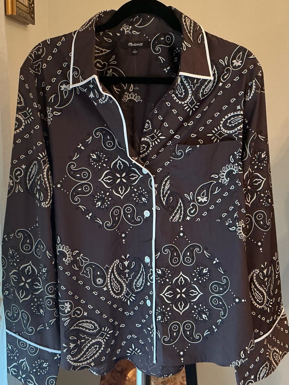 Madewell Brown Bandana-Print Button Front Blouse with White Piping